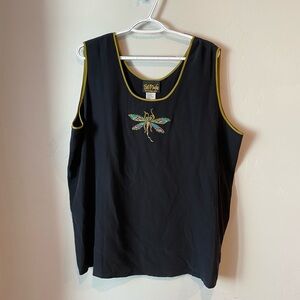 Bob Mackie Black Silk Tank Top with Embroidered Dragonfly Boho 2X